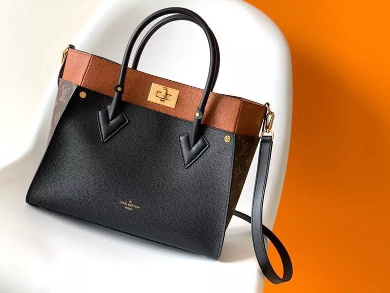 LOUIS VUITTON 30.5*24.5*14CM ON MY SIDE HANDBAG, CALF LEATHER + MONOGRAM CANVAS