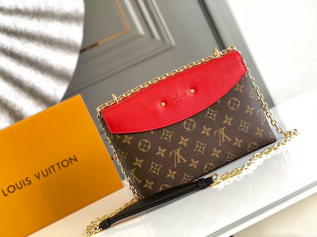 LOUIS VUITTON SAINT PLACIDE HANDBAG, MONOGRAM COATED CANVAS + COLORED GRAIN LEATHER