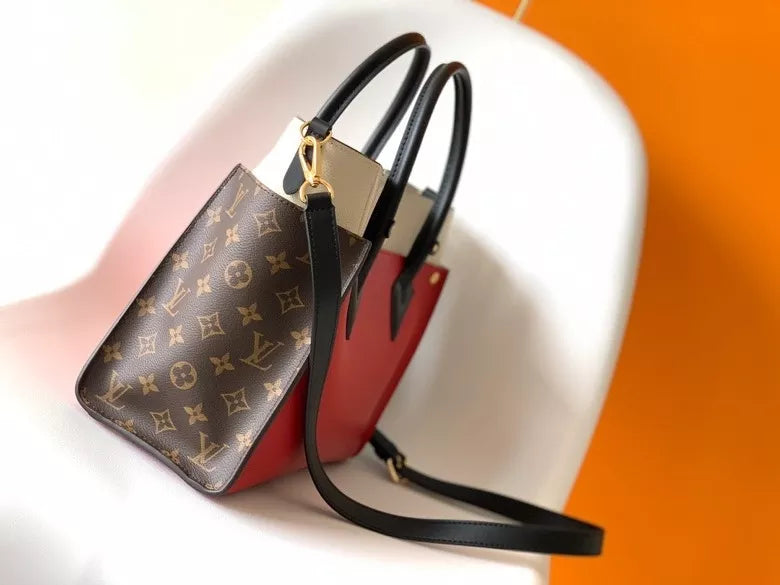 LOUIS VUITTON 30.5*24.5*14CM ON MY SIDE HANDBAG, CALF LEATHER + MONOGRAM CANVAS