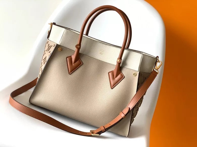 LOUIS VUITTON 30.5*24.5*14CM ON MY SIDE HANDBAG, CALF LEATHER + MONOGRAM CANVAS
