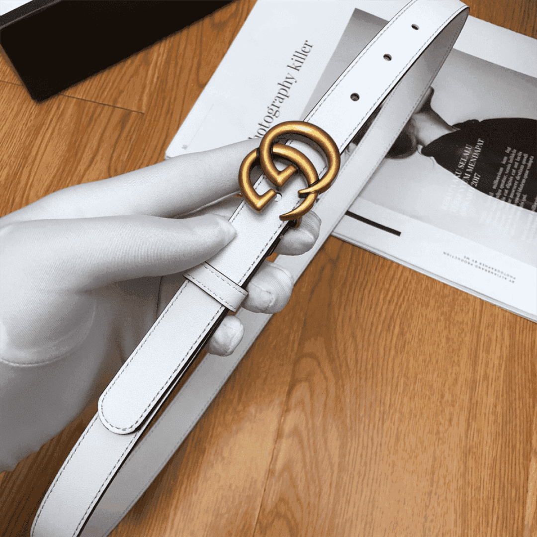 GUCCI WHITE LEATHER BELT WITH DOUBLE G BUCKLE