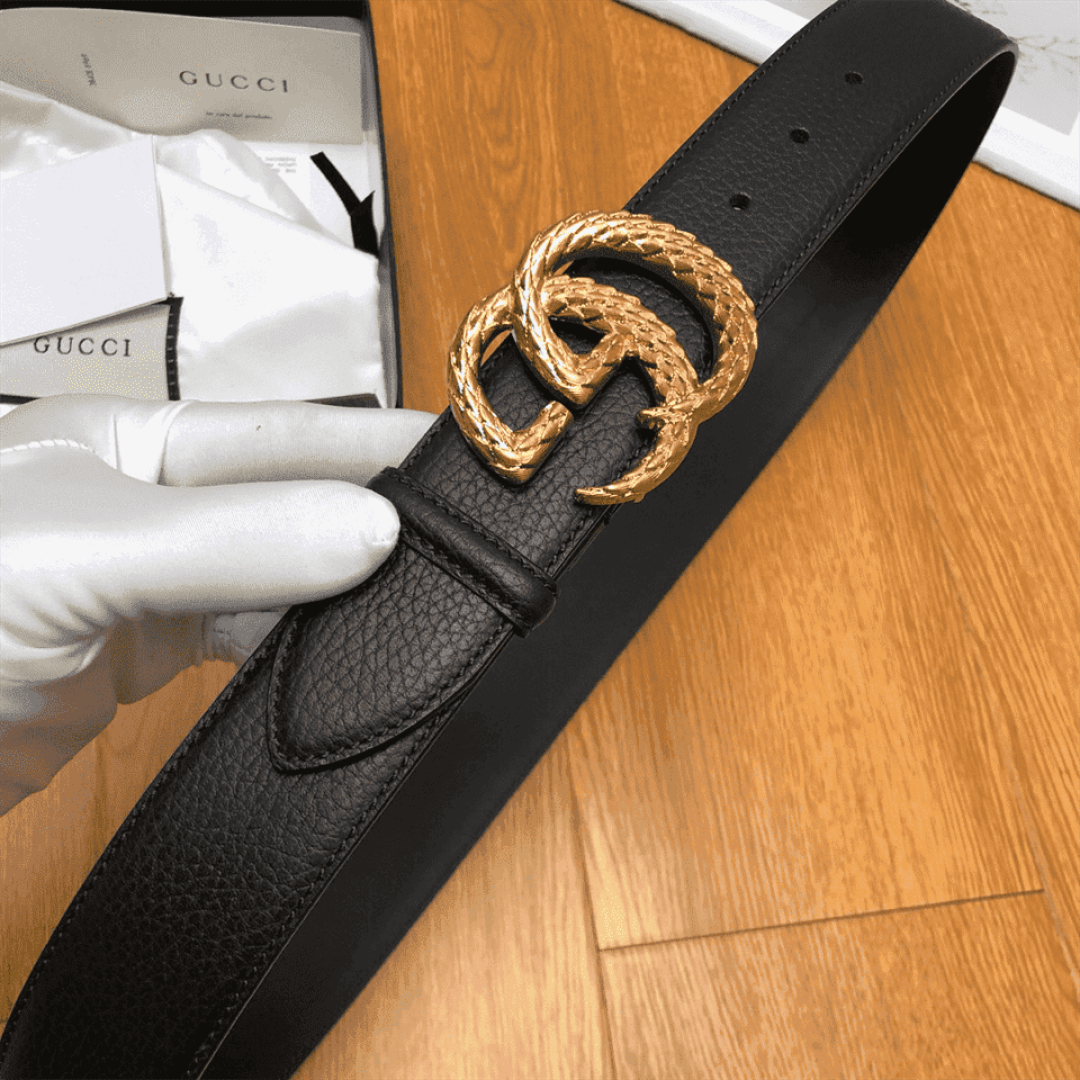GUCCI LEATHER BELT W/ TEXTURED DOUBLE G BUCKLE