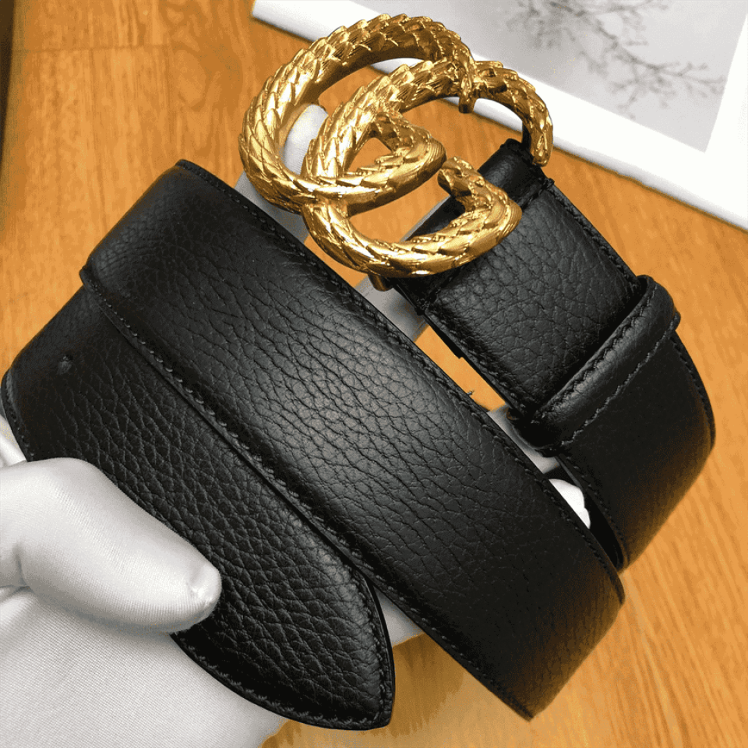 GUCCI LEATHER BELT W/ TEXTURED DOUBLE G BUCKLE