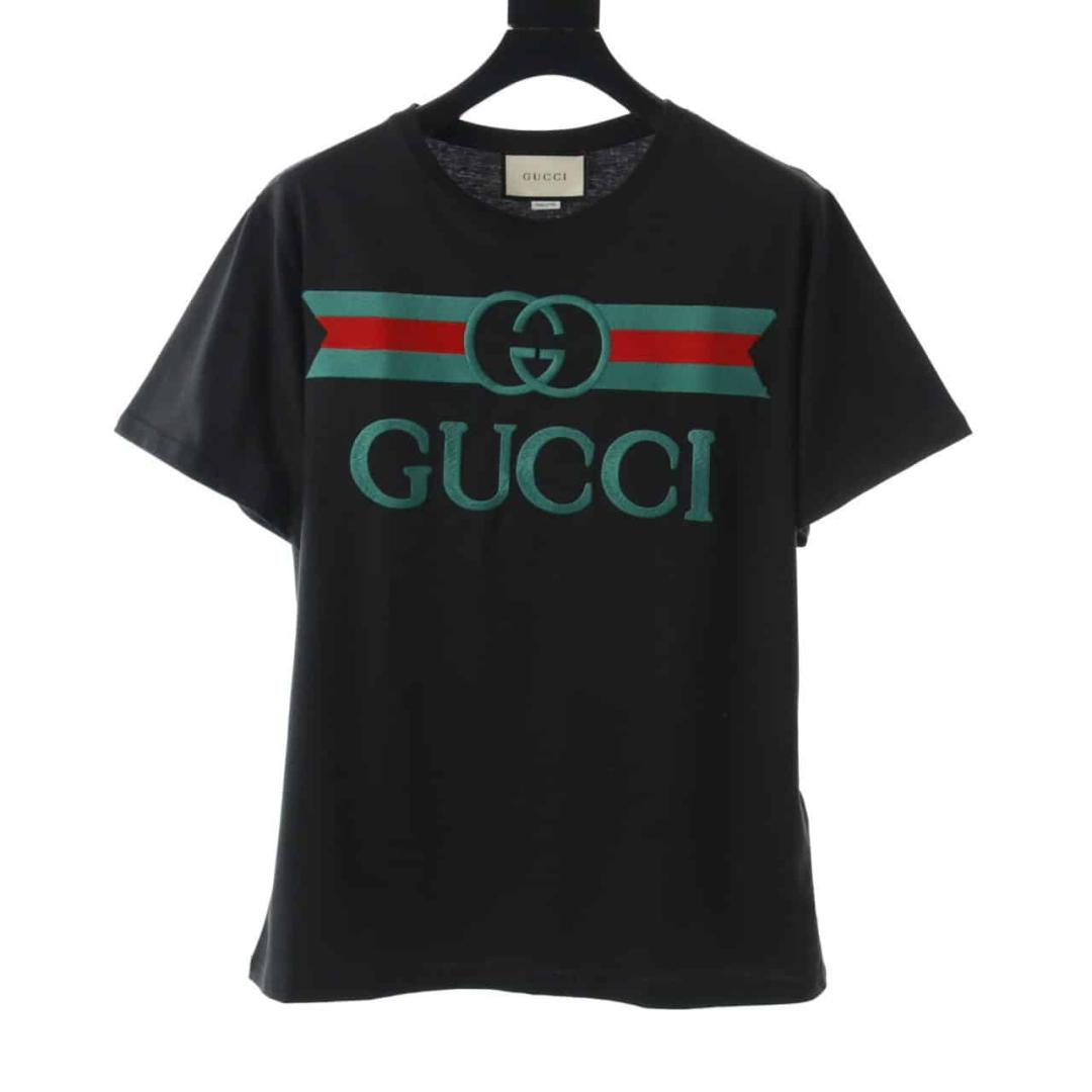 GUCCI EMBROIDERED BELT LOGO SHORT SLEEVE BLACK T SHIRT