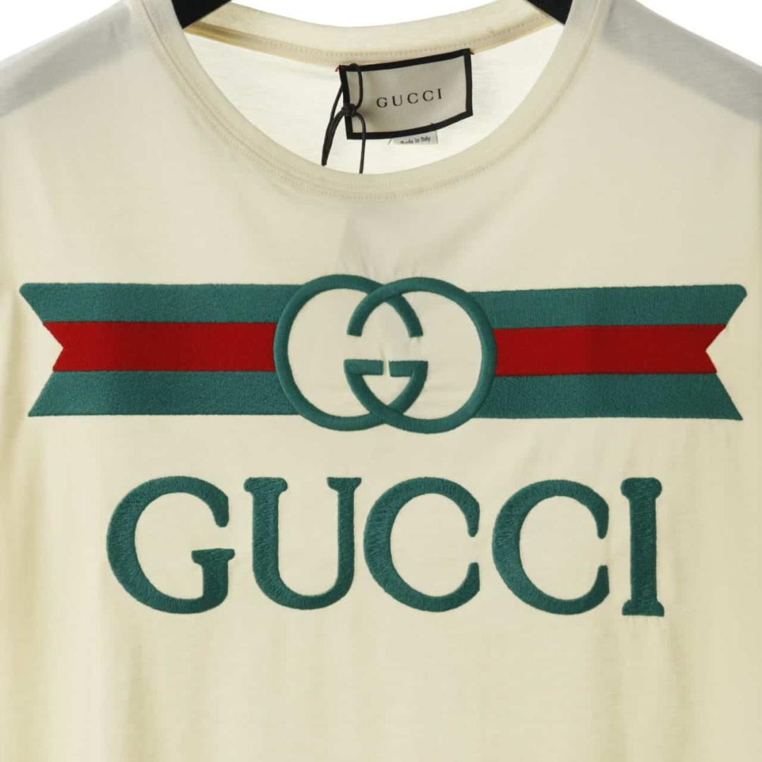 GUCCI EMBROIDERED BELT LOGO SHORT SLEEVE WHITE T SHIRT