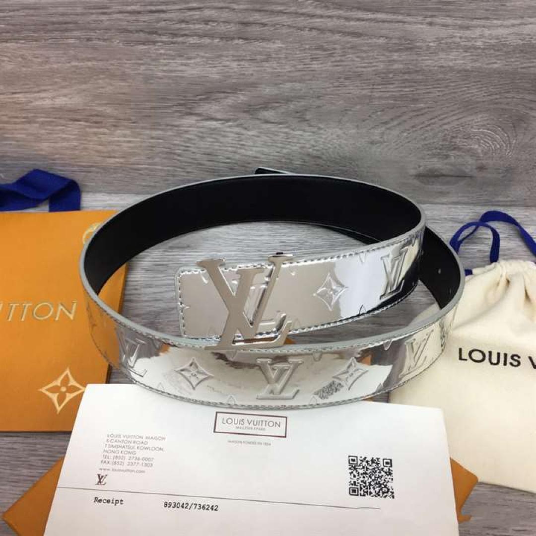 LOUIS VUITTON INITIALS LV MIRROR MIRROR 40MM REVERSIBLE BELT SILVER COLOR METALLIC MONOGRAM CANVAS RECTO SIDE