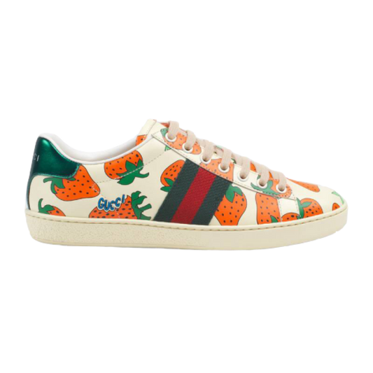 GUCCI ACE LEATHER SNEAKER WITH GUCCI STRAWBERRY PRINT